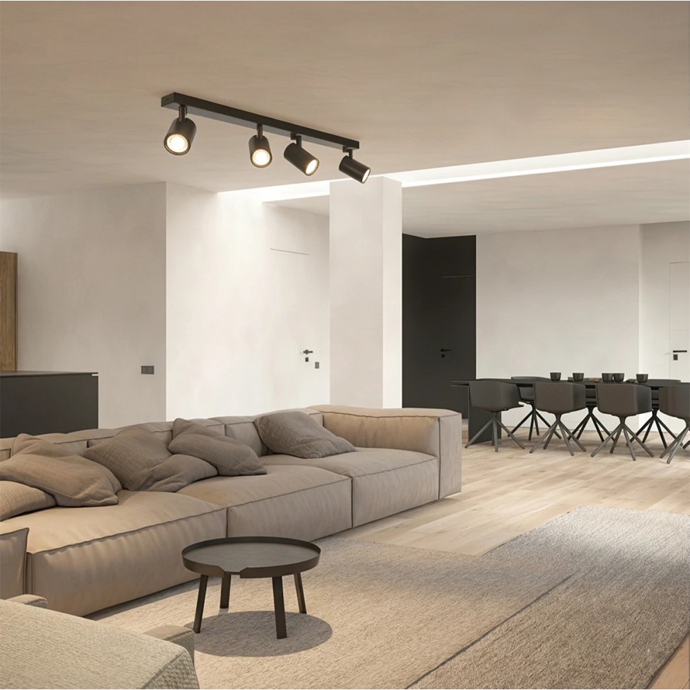 kelvo® SPOTA KLV-101-0140 Κινούμενο Φωτιστικό Σποτ Οροφής για 4 Λάμπες MR16 με Ντουί GU10 AC 220-240V IP20 - Μαύρο Ματ - Μ64 x Π6 x Υ14cm